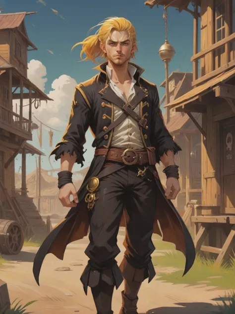 anime, (full body:1.2), 1boy, man, ruggedly handsome, solo, [:epic costume design,:0.2] pirate, caucasian, gold hair, (slim:1) b...