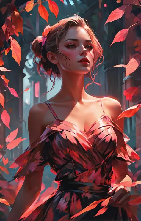 Coquette aesthetics, a beautiful woman in a dress made of pink leaves, highly detailed, cinematic, 8K concept art, bright colors, stunning background. dark and moody, a mesmerizing blend of light and shadow. masterpiece, absurdres, intricate details <lora:envyStarlightGolden_v10:0.85>