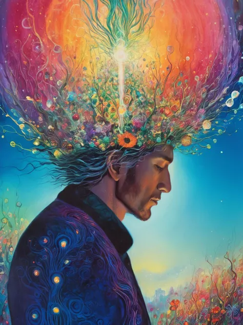 a painting of a man with a flower head on his head