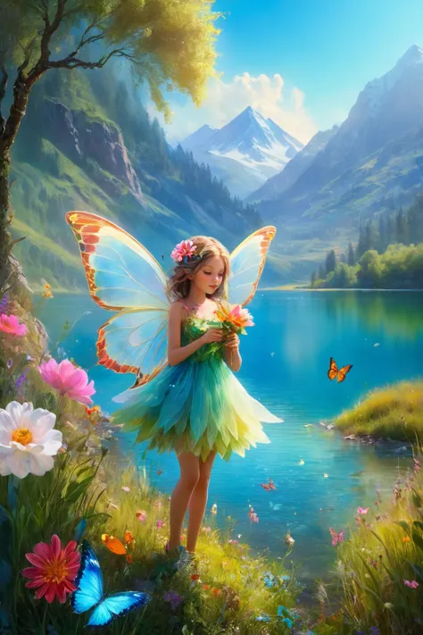 full body shot, masterpiece, highly detailed, 8k, octane render, vibrant colors, hdr, dynamic lighting, high contrast, shy innocent young fairy, cute and girly, (holding a flower partially over her mouth:1.2), large butterfly translucent gossamer wings, colored skin and hair, hair floating as if underwater, floating in a light ray, strange beauty, slender and lanky, clothes made of flowers and leaves, strange landscape, lake and mountains background, splashes of color, <lora:last-000002:0.8>, Amanda Sage style, <lora:YvonneCoomber:0.2>, (yvonne coomber style:0.5)