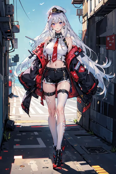 (masterpiece:1.2), best quality,PIXIV,
 cool girl,enterprise \(azur lane\),  , white hair,purple eyes,full body,united states na...