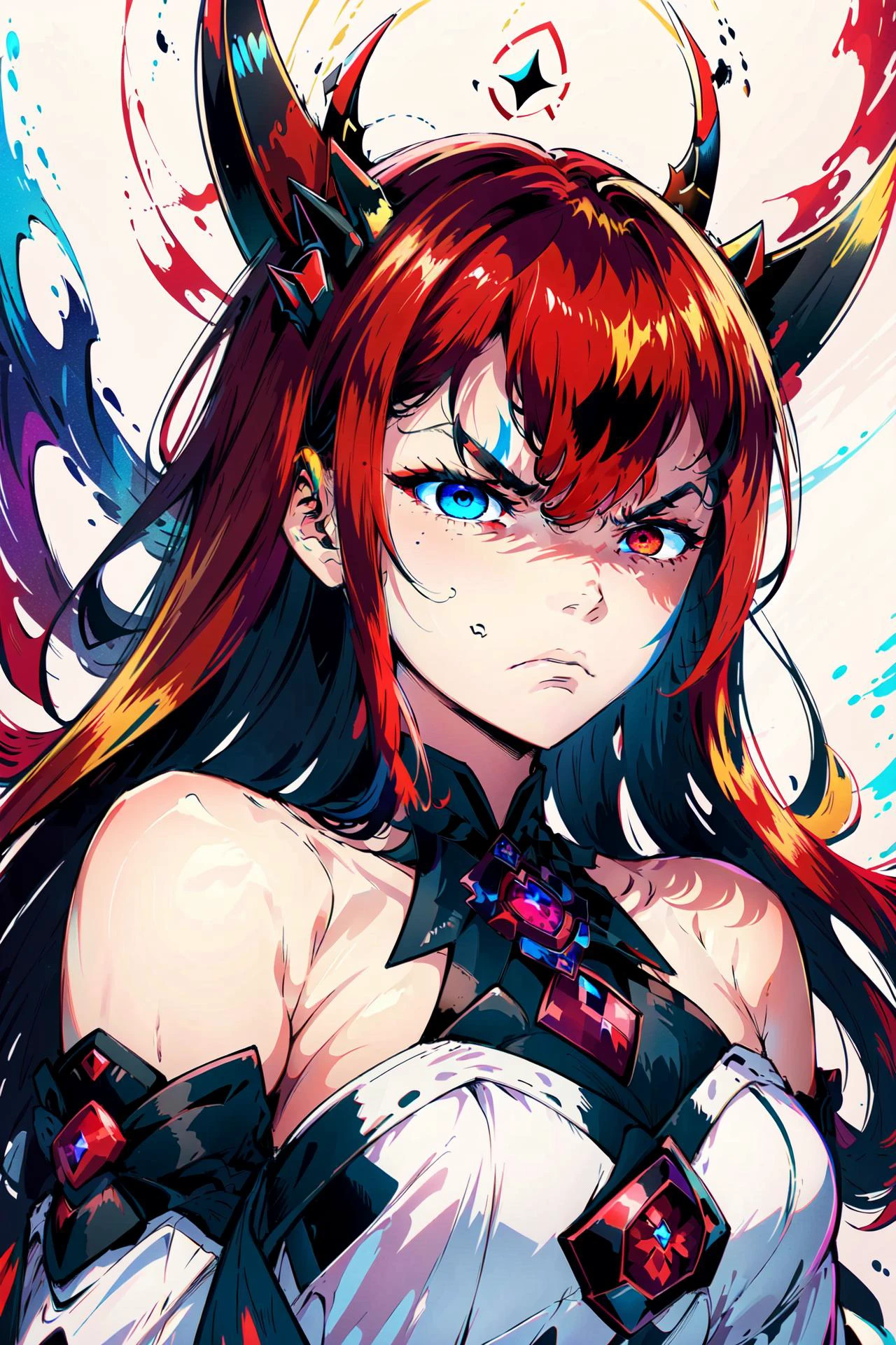 best quality, intricate details, 
1girl,       Irys \(hololive\),  white dress, detached sleeves, (dichromia red and blue eyes), (long red hair:1.2), heterochromia, multicolored eyes, horns, halo, 
 ((looking disgusted)), very angry, disappointed,