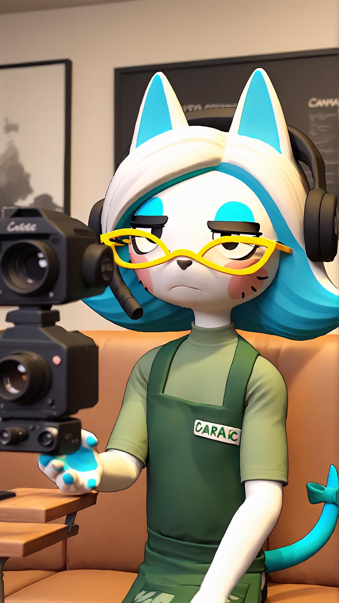 There is a cat with headphones and a camera in a room - SeaArt AI