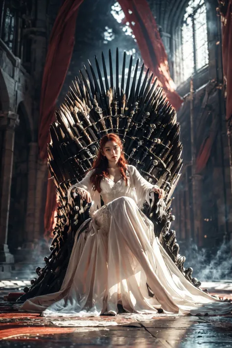 a woman in a white dress sitting on a iron throne