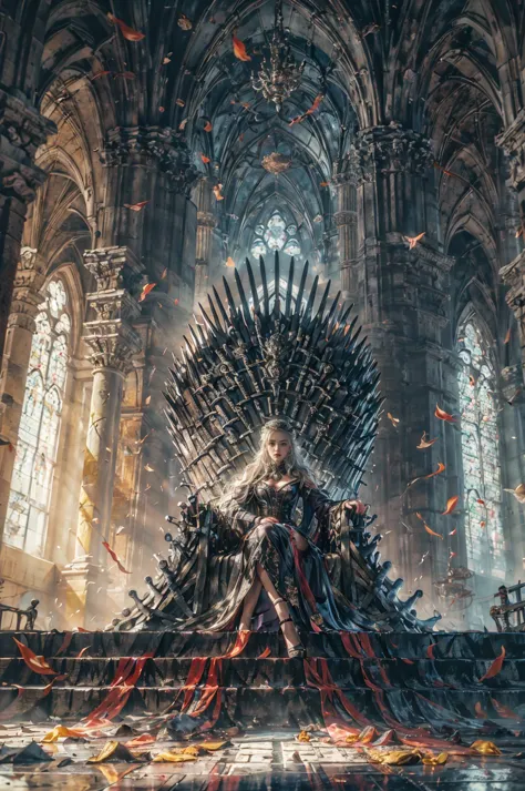 a woman sitting on the iron throne in a castle surrounded by leaves