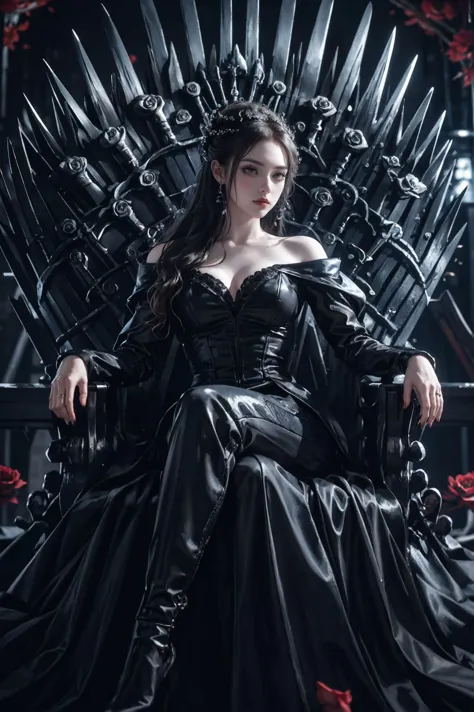 a woman in a black dress sitting on a throne with swords