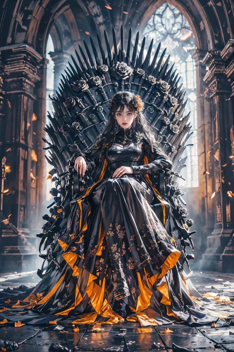 1 Mädchen,riesiger Rock,Schwarzes Kleid,everywhere Schwarze Roses,Schwarze Rose,Blumen,black Blumen,die schwarze Wolke,Außen,Tiefenschärfe,Blickwinkel von oben,xuer Iron Throne,