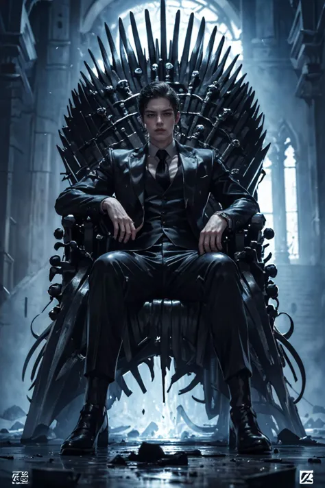 a close up of a man sitting on a throne with swords