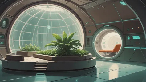 mid-century scifi, Time Travel Portal Room \(room\) in a cosmic scifi hamlet in a Hydroponic Agriculture Domes<lora:EnvyStarlightMidCenturyScifi01:1:1:lbw=SDXL_STYLE>