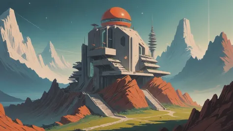 mid-century scifi, university in a ruined fantasy mountainside arcology outside of the universe, masterpiece, by gia nguyen hoan...