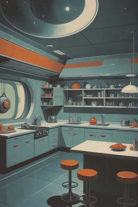 mid-century scifi, Kitchen \(room\) in a ghostly scifi metropolis beyond the beginning of the universe<lora:EnvyStarlightMidCenturyScifi01:1:1:lbw=SDXL_STYLE>