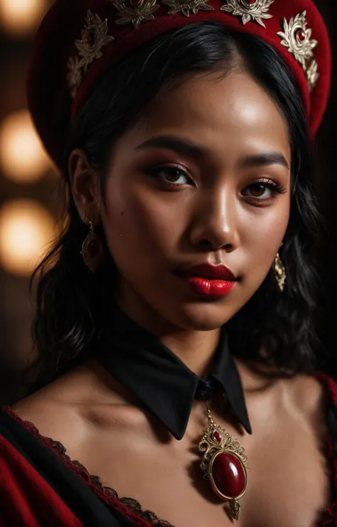 Trad Goth aesthetic, colorful, cinematic close-up portrait of a young and stunning Marshallese Mafia Princess from a ridley scot...