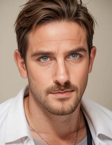 a close up of a man with a beard and a white shirt