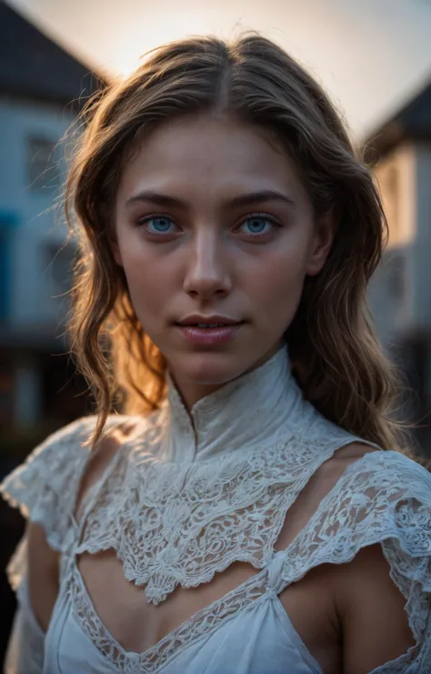 a close up of a woman with a white dress and a white top