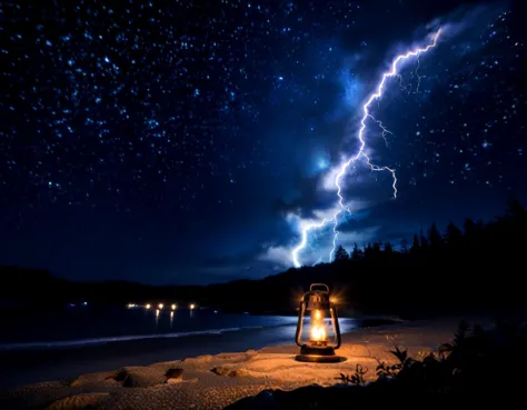 a lantern on the beach with a lightning bolt in the sky