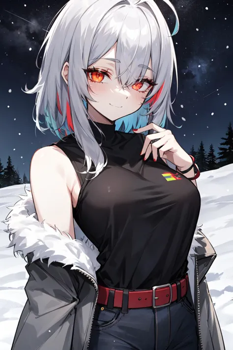 a woman with long hair and red eyes standing in the snow