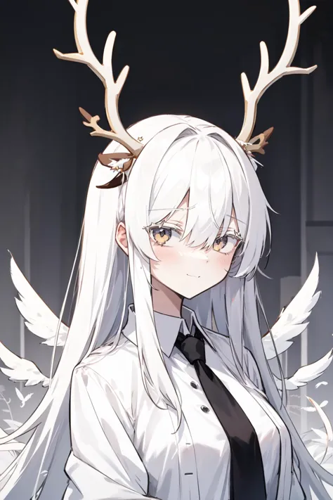 highres, highest quallity, 1girl, with angel wingsa childish childthe night, (white_eyes:1.2), white_blooming antlers, white_theme, white_eyelashes, (blank eyes:1.2), feathers, white_feathers, black_shirt, white_coat, white_necktie, light_smile, closed_mouth, (white_antlers:1.4), medium breasts, white_hair, hair_over_eye