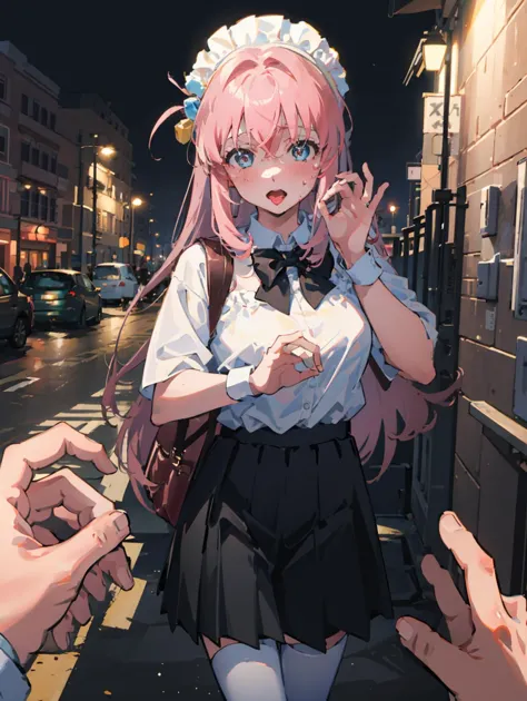 anime girl with pink hair and blue eyes standing on a street