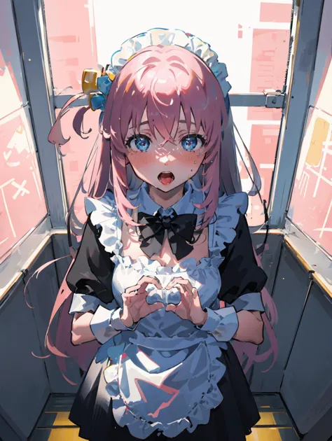 anime girl with pink hair and blue eyes sitting on a train