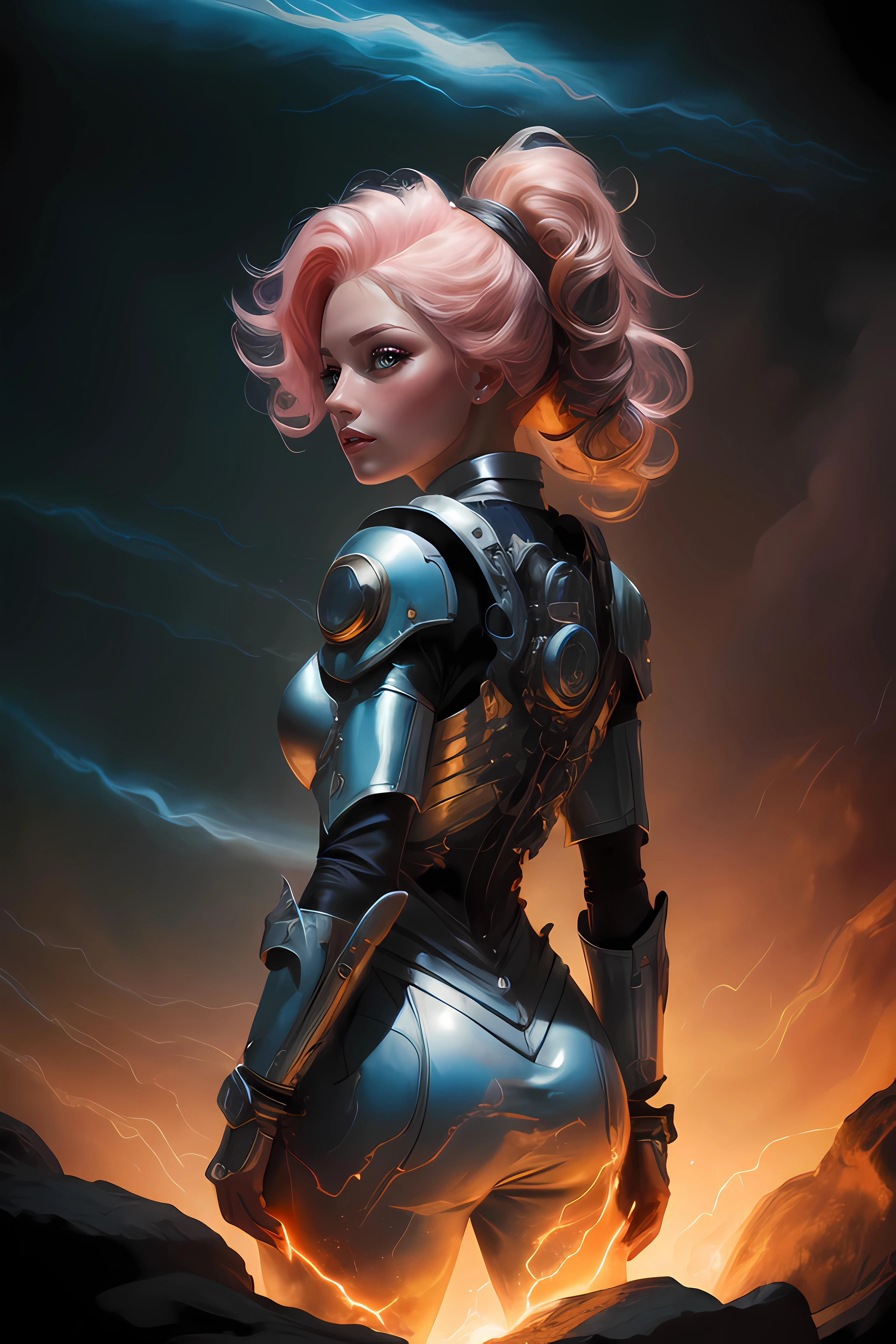 beautiful woman, back view, high quality, highres, absurdres, cinematic lighting, beautiful composition, single subject, detailed hand, style-swirlmagic, electricity, magic circle, pink hair, pink pupils, detailed face, beautiful face,  Lightning,glowing,electricity, purple theme,  ass support,  dreamwave, aesthetic, long hair, ponytail,