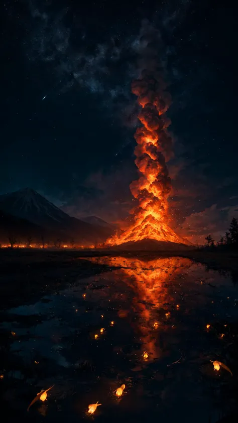 a volcano erupts into the sky at night with fire