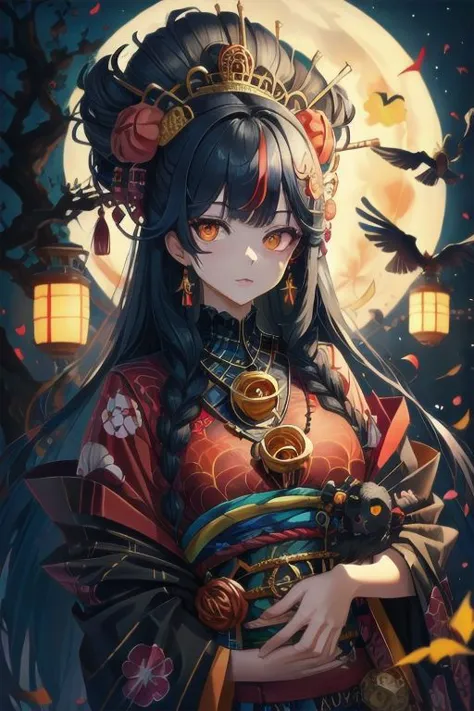 une femme noire aux cheveux longs et raides roux et une pleine lune en arrière-plan avec des oiseaux volant autour de sa tête et une pleine lune dans le ciel, imprimé kimono avec petits crânes, maquillage vibrant, fond sombre, yeux de puzzle, très détaillé