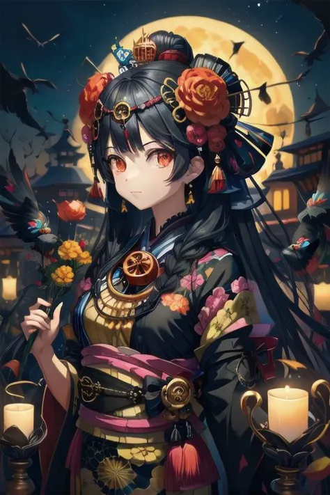 une femme noire aux cheveux longs et raides roux et une pleine lune en arrière-plan avec des oiseaux volant autour de sa tête et une pleine lune dans le ciel, imprimé kimono avec petits crânes, maquillage vibrant, fond sombre, yeux de puzzle, très détaillé