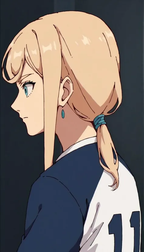 a close up of a woman with a ponytail in a uniform