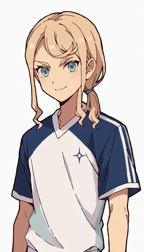 a cartoon girl with blonde hair and blue eyes wearing a white and blue shirt