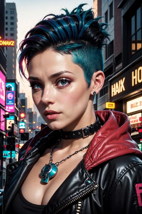 A girl with short multicolored pink teal and blue hair faux hawk style, red eyes, outdoors, cyberpunk city, she has shaved hair,...