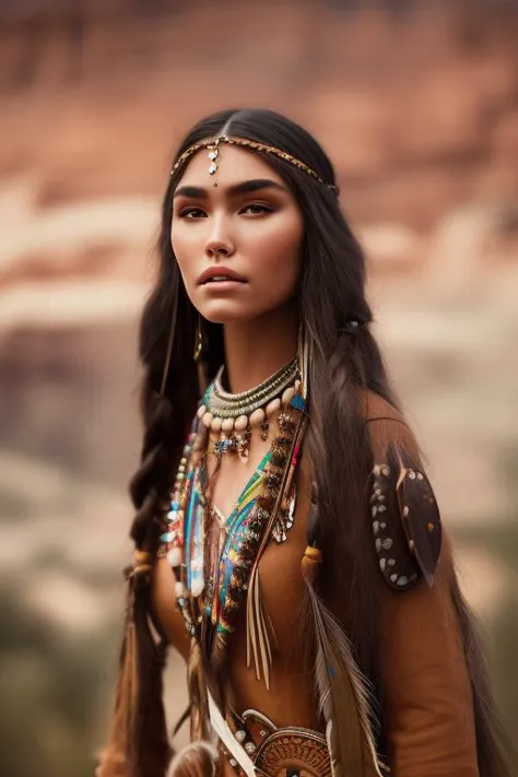 <lora:openjourney-lora:1>| portrait photograph of madison beer as pocahontas| young beautiful native american woman| perfect sym...