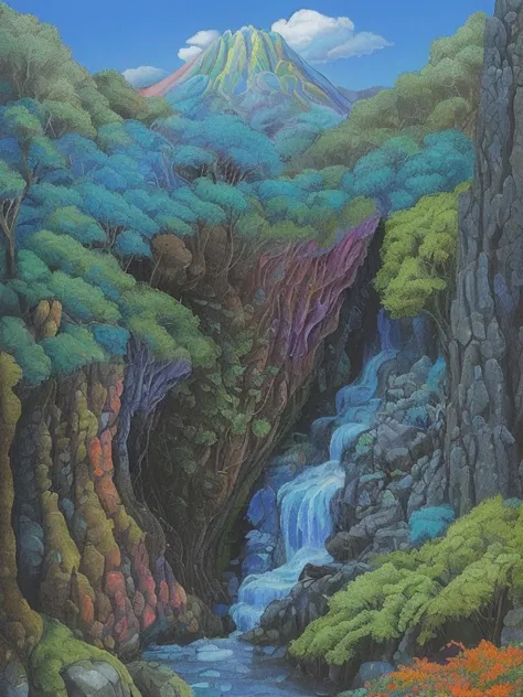 detailed psychedelic illustration, <lora:morph_style03-000003:1>,surreal morph, fantasy illustration of the waterfall, forest, b...