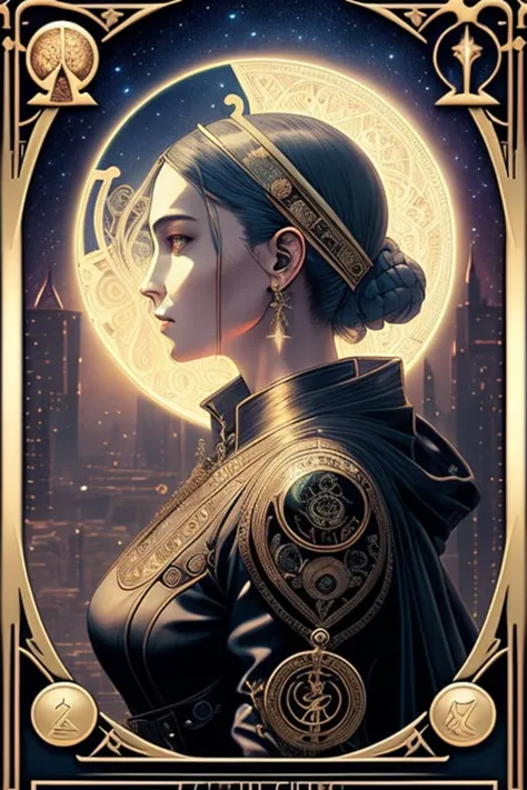 <lora:openjourneylora_v1:1>| ((tarot card with intricate detailed frame around the outside)) |side profile of cyberpunk head wit...