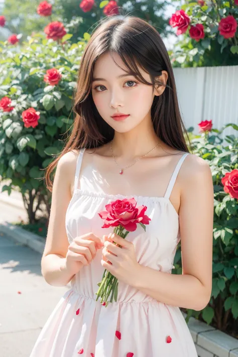 (masterpiece, high quality, 8k), 1girl,floral dress, rose, red flower, pink rose ,petals, rose petals, yellow flower,  upper bod...