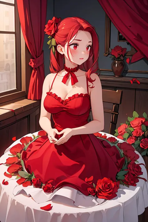 anime girl in red dress sitting on a table with roses