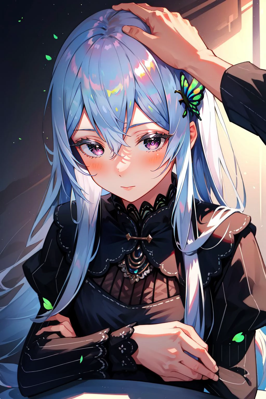 (masterpiece, best quality),  intricate details,
1girl,  echidna, colored eyelashes,  butterfly hair ornament, black dress, long sleeves,
 HeadpatPOV, pov, headpat,