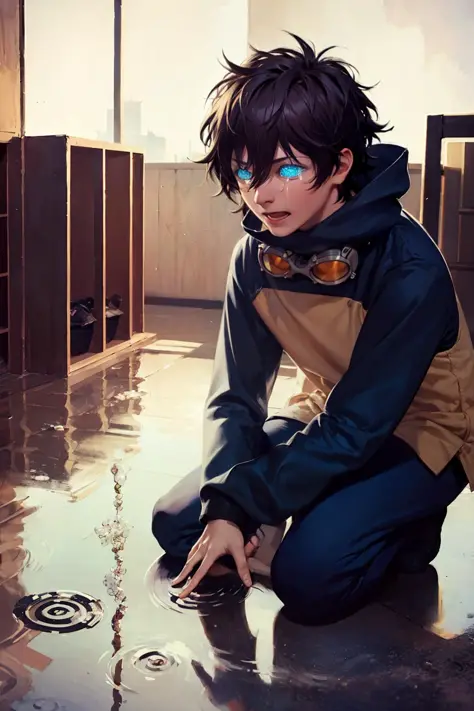 masterpiece, best quality, <lora:lw:1>,reflection, 1boy, black hair, goggles, male focus, blue eyes, goggles around neck, different reflection, solo, looking at viewer, ripples, pants, reflective floor, long sleeves, short hair, hood, tears, jacket, aged d...