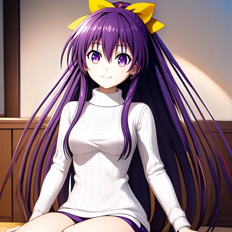 anime girl with long purple hair sitting on a bench