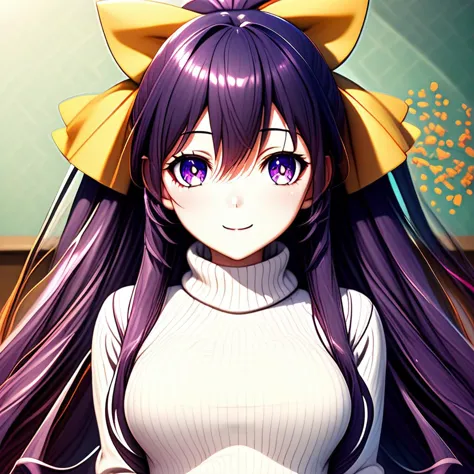 anime girl with long purple hair and a yellow bow