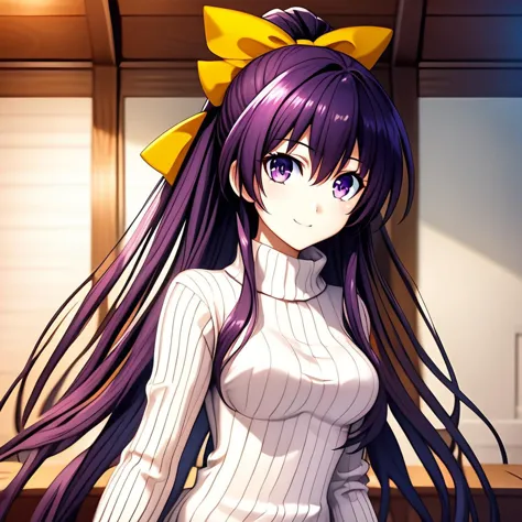 anime girl with long purple hair and a yellow bow