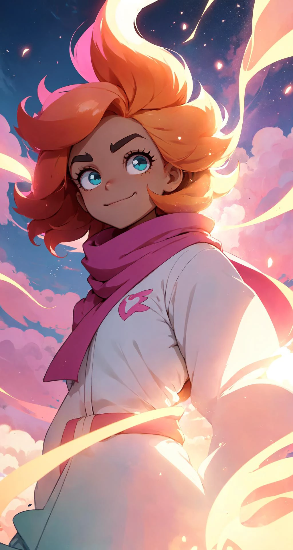 powerpuff girls style, illustration of a girl floating in the sky, scarf, floating hair, close-up, warm soft lighting, sunset, cloud, cloudy sky, (sparks:0.7), (light particles:1.1), volumetric lighting, smug, smirk