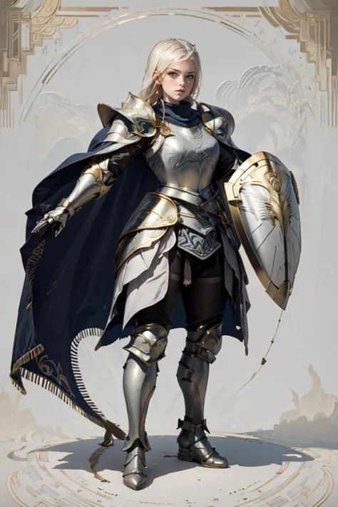 (masterpiece, best quality, ultra detailed, reference sheet, illustration, textile shading), delicate pattern, detailed background, fantasy, 1girl, solo, dynamic pose, knight, KnightT, art_deco_fusion pattern full armor, equipped with kite shield, <lora:KnightT:0.8>, symmetry, black and gold, <lora:art_deco_fusion:0.7>,