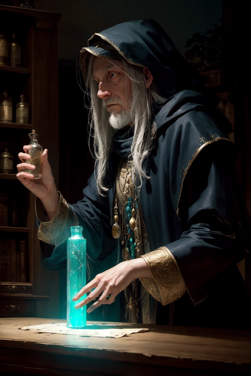 realistic, masterpiece, best quality, old wise wizard mixing potions, moody lighting, glow, glowing, mysterious, mystical, magical, rim lighting
