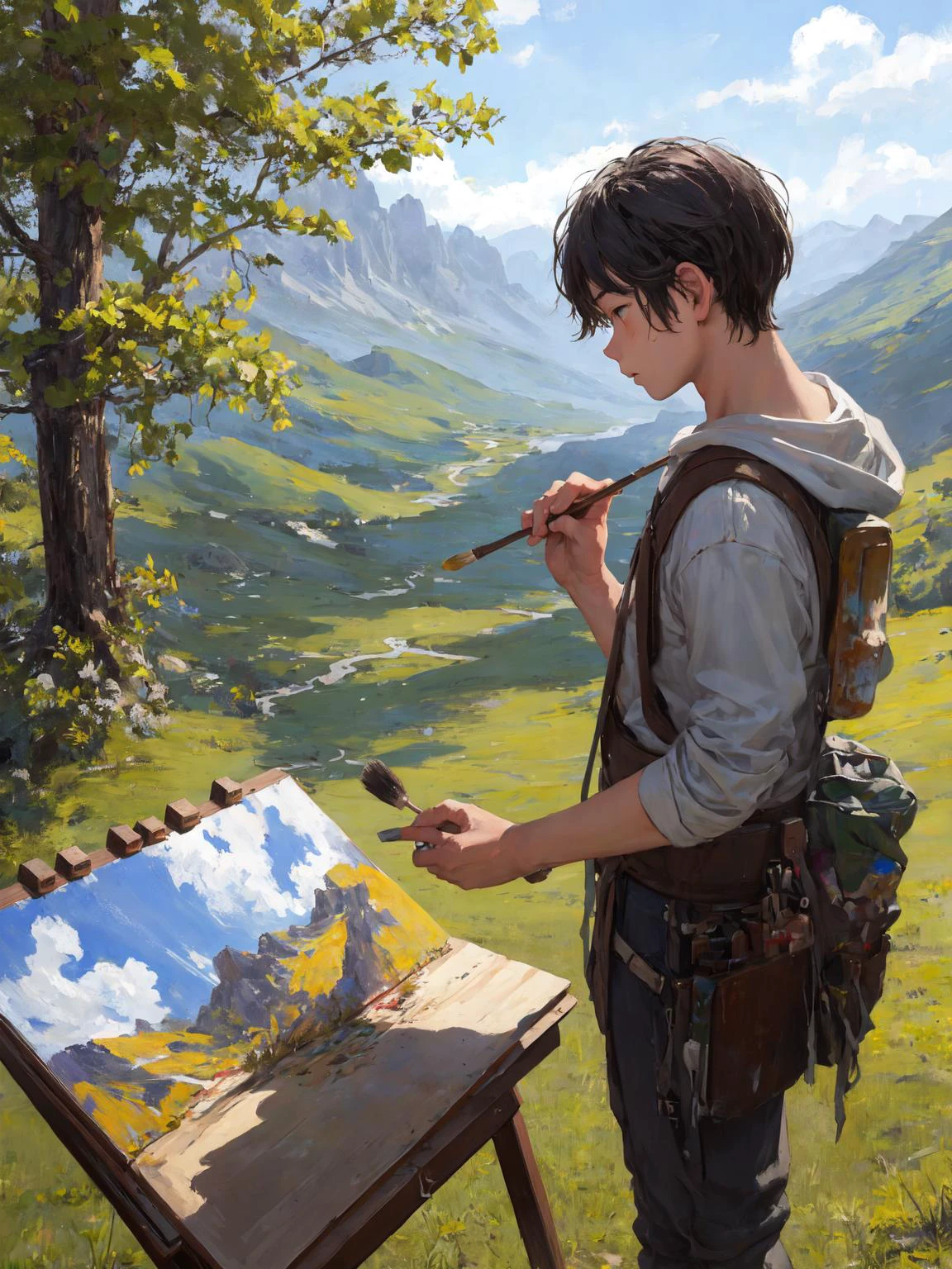 Obra de arte, melhor qualidade, 1 menino, pintura plein air nas montanhas