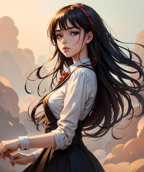 A highly detailed anime illustration, 1girl, vintage, the rule of thirds, dynamic pose, drawing, trending on artstation, UHD
