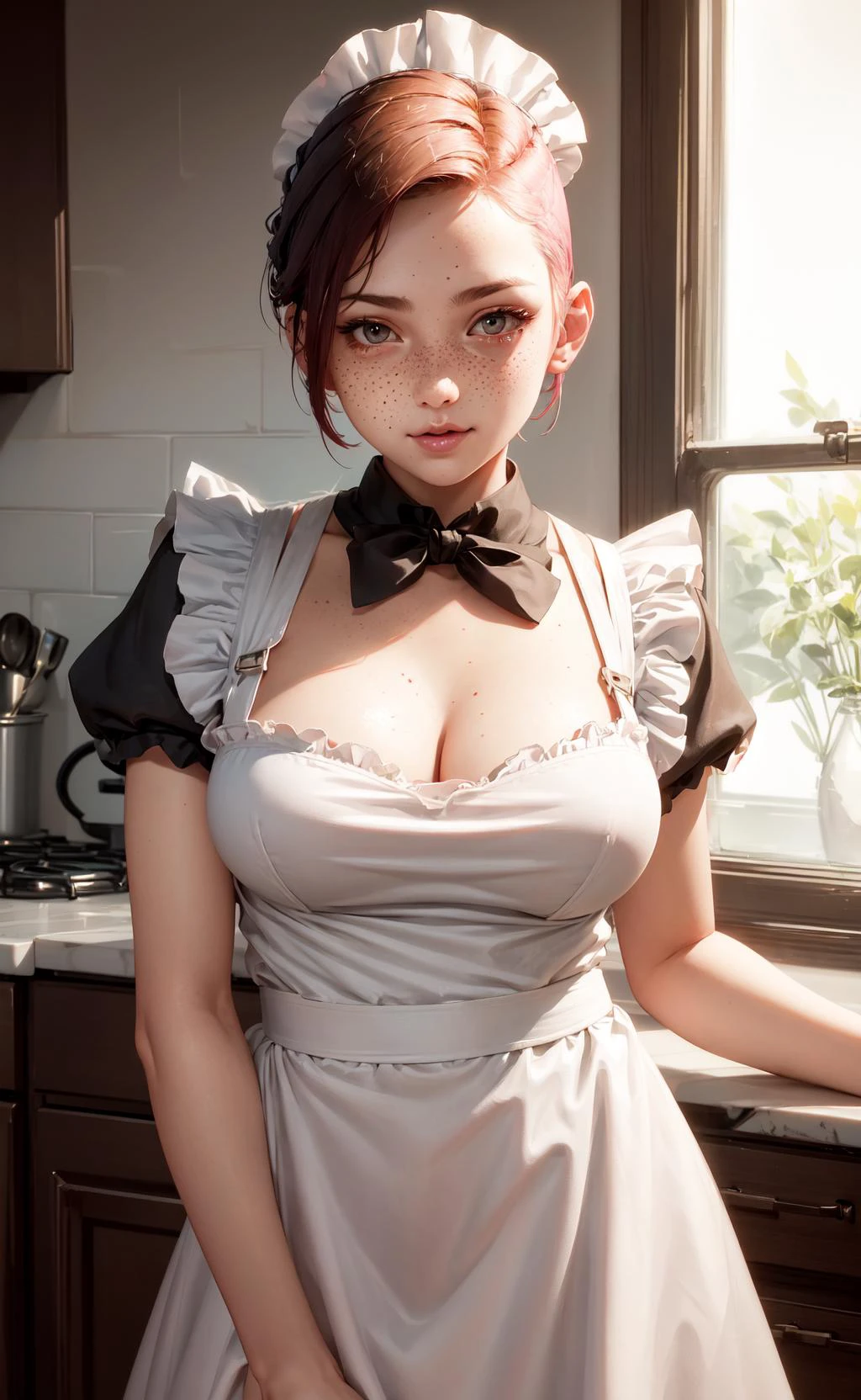 a closeup portrait of a playful maid, undercut hair, apron, amazing body, pronounced feminine feature, busty, kitchen, [ash blonde | ginger | pink hair], freckles, flirting with camera