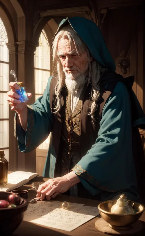 realistic, masterpiece, best quality, old wise wizard mixing potions, moody lighting, glow, glowing, mysterious, mystical, magic...