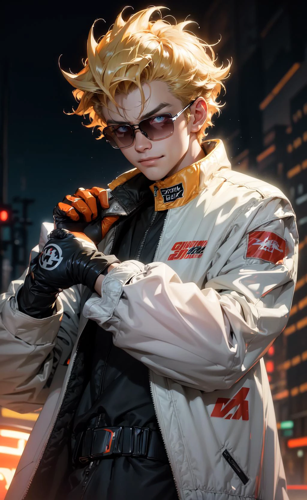 masterpiece, best quality, illustration, 1boy, underground street racing, oversized racing jacket, racing gloves, oversized clothes, car night, glow, glowing, close-up, smug, (smile:0.7), (from above:0.7) 