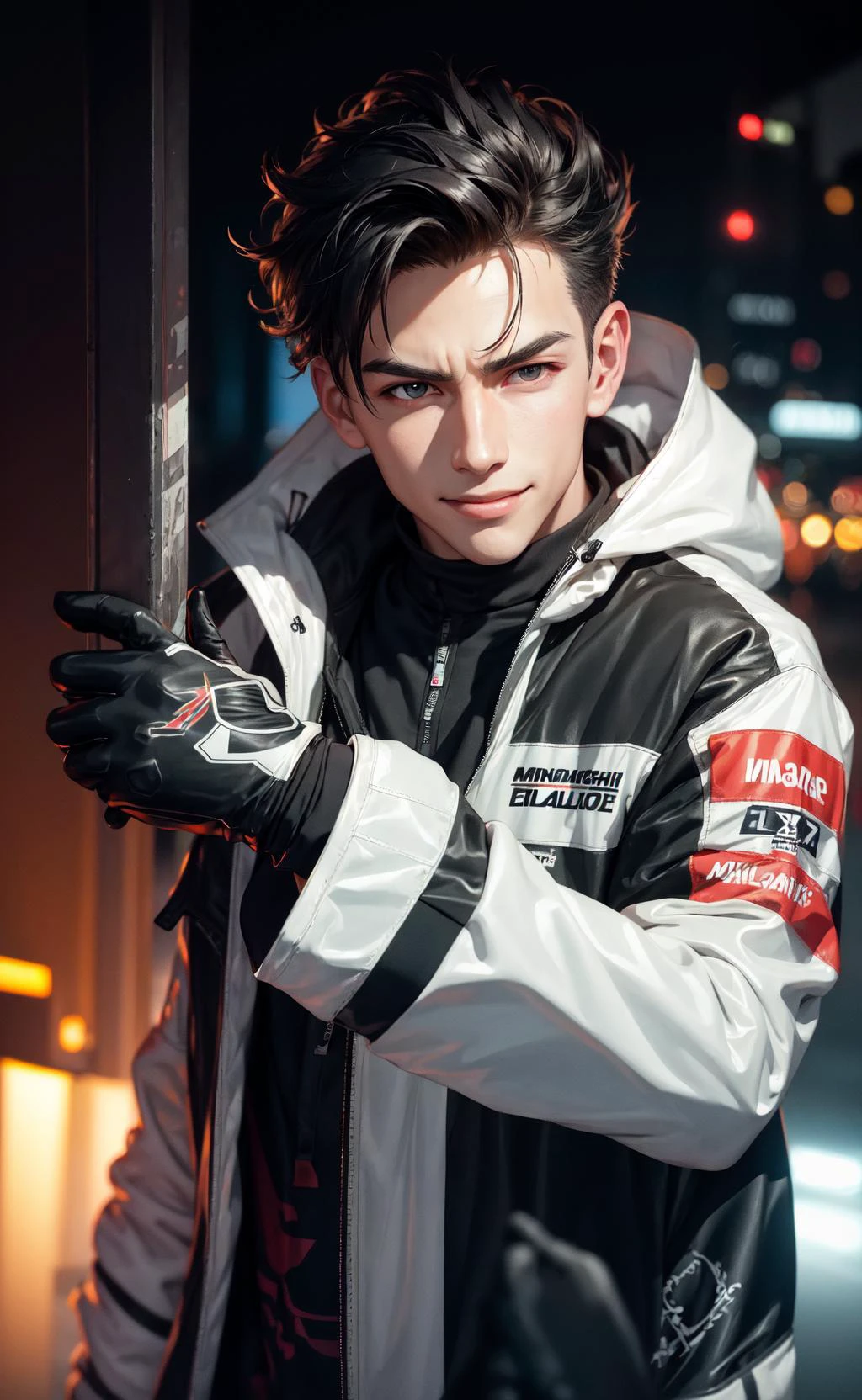 masterpiece, best quality, 1boy, underground street racing, oversized racing jacket, racing gloves, oversized clothes, car night, glow, glowing, close-up, smug, (smile:0.7), (from above:0.7)