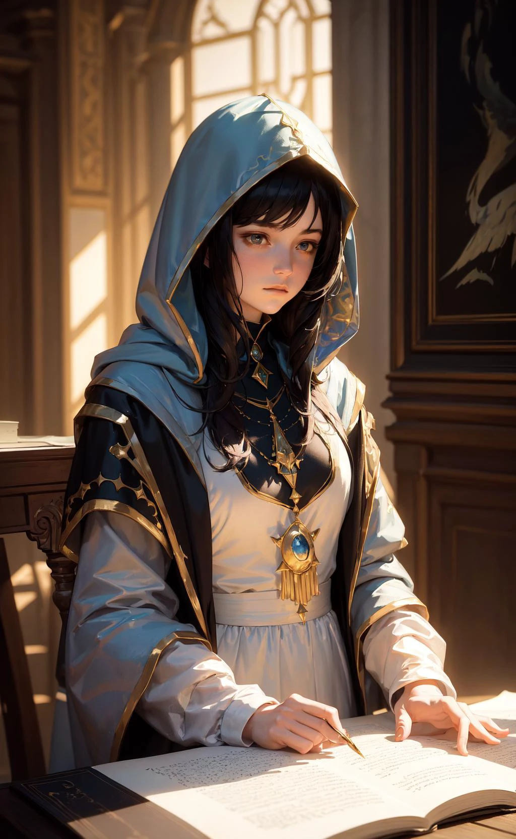 masterpiece, best quality, John Singer Sargent, young sorceress studying, hood up, moody lighting, tranquil, calm, glow, glowing, mystical, magical, rim lighting